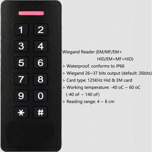 Backlight Waterproof IP66 Wiegand 26~37 bit output 125KHz RFID keypad Access Control Proximity Card Reader Door Opener