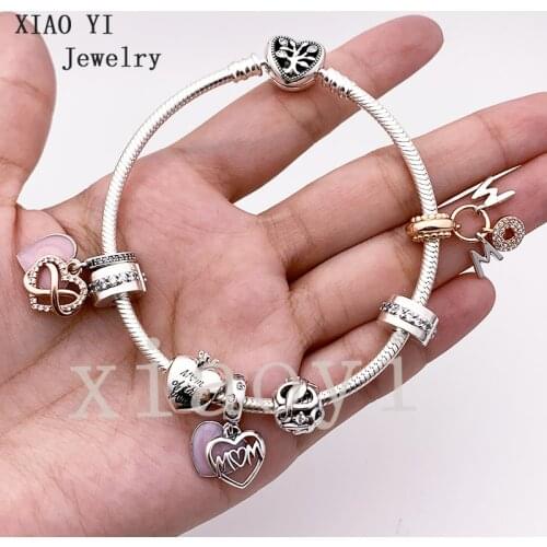 XIAOYI 2020 New 100% S925 Pink letter tag heart heart crown clip tree of Life temperament gentle bracelet Mothers Day gift