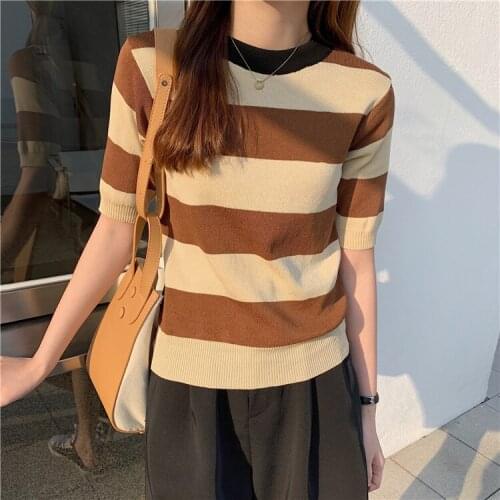2021 New Summer Color Matching Striped Short-sleeved T-shirt Women Korean Style Slim Ice silk Knit Sweater Top