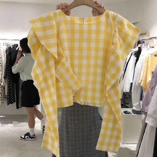 2021 Sweet Ruffles Short Blouse Women Shirts Spring Yellow Plaid Long Sleeve Womens Crop Tos Korean Fashion New Blusas Mujer