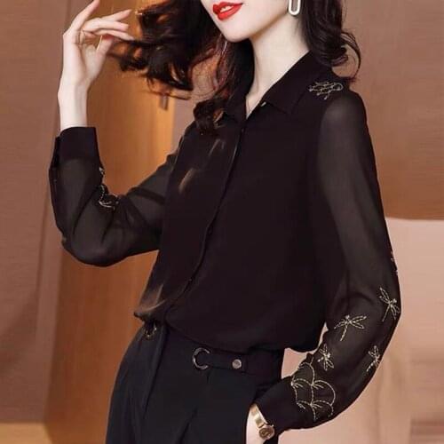 Womens Spring Autumn Style Chiffon Blouses Shirts Womens Embroidery Solid Color Long Sleeve V-neck Korean Casual Tops SP638