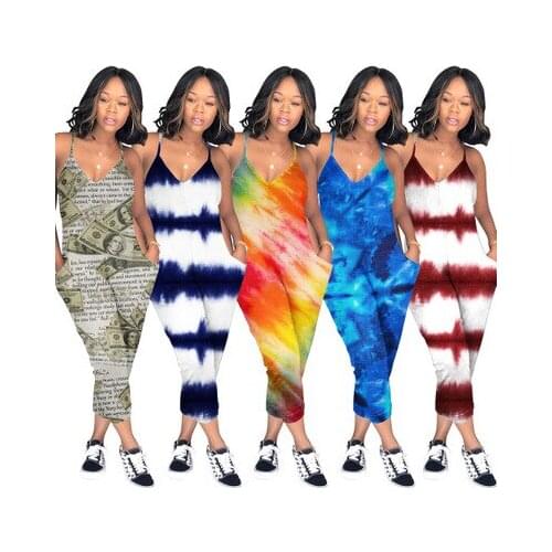 2019 women Summer sexy Sleeveless V-Neck Strap Print Bandage Bodycon Fashion Casual skinny romper outfit tracksuit jumpsuit Y171