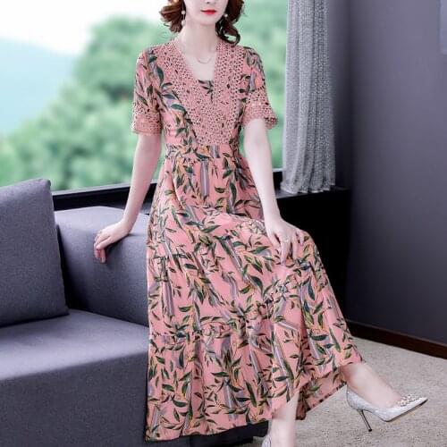 Boho Pink Floral Chiffon Lace Beach Maxi Dress Summer Vintage Plus Size Vacation Dress 2021 Women Elegant Bodycon Party Vestidos