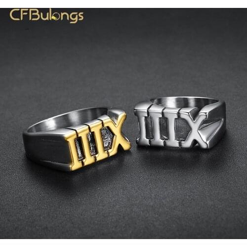 CFBulongs Stainless Steel Simple Roman Numeral XIII Lucky 13 Finger Ring Cool Gold Gothic Biker Men Jewelry