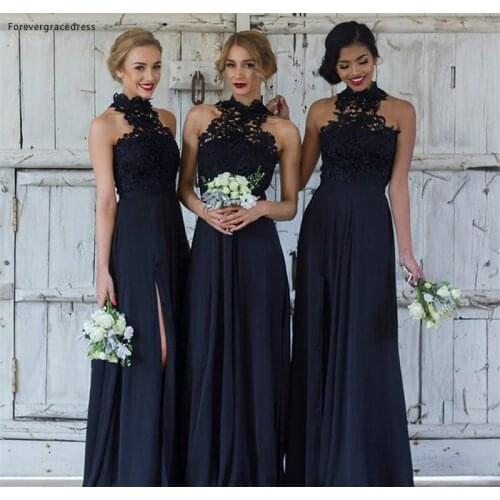 2019 Black High Neck Bridesmaid Dress A Line Appliqued Spring Summer Formal Wedding Party Guest Maid of Honor Gown Plus Size