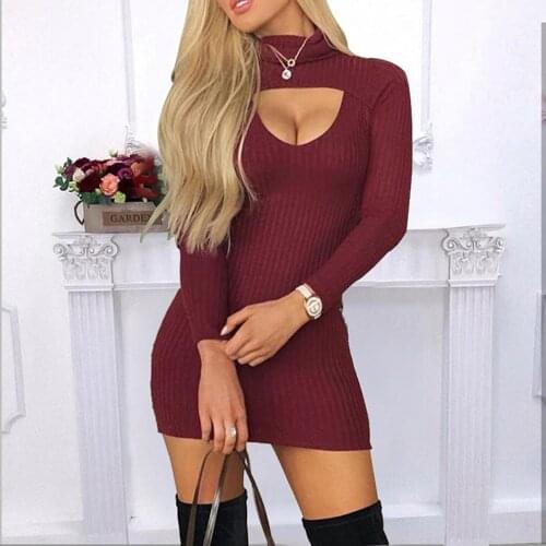 European and American Summer New Sexy Womens Wear Red High Collar Long Sleeve Hollowed-Out Tight Short Dress