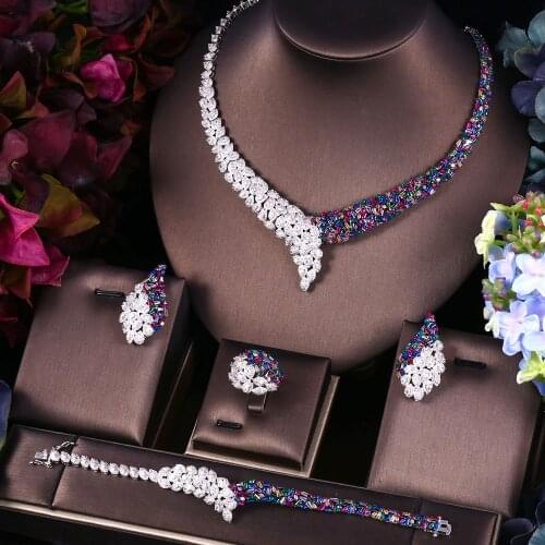 Janekelly 4pcs Bridal Zirconia Full Jewelry Sets For Women Party, Luxury Dubai Nigeria CZ Crystal Wedding Jewelry Sets