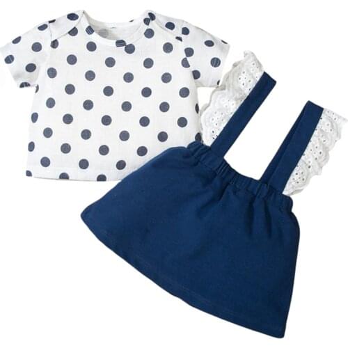 Baby Girl’s Skirt Two Pieces Suit Fresh Polka Dot Short Sleeve T-shirt and Lace Suspender Short Skirt
