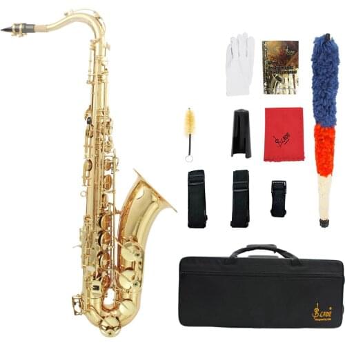 LADE Brass Bb Tenor Saxophone Sax Carved Pattern Pearl White Shell Buttons Wind Instrument with Case Gloves Cleaning Cloth Belt