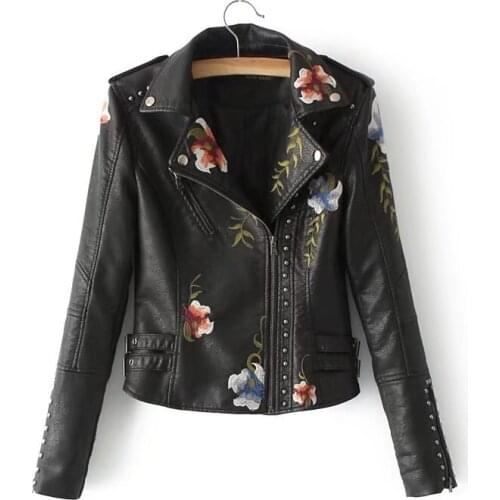 Autumn Flower embroidery rivet zipper PU coat slim short coat female jacket women befree streetwear jackets manteau femme hiver