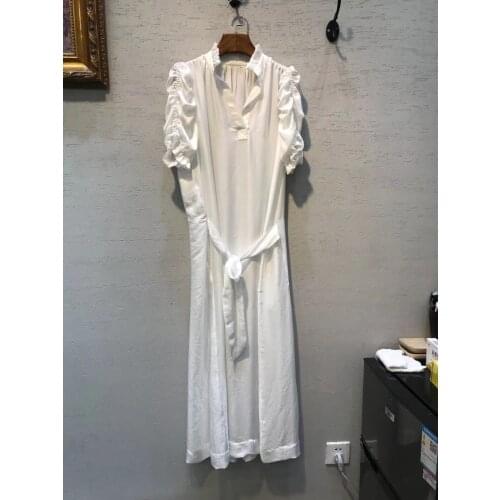 2021 summer White Midi Dress Ruffled Neck with V cut Short Puff Sleeves Elastic Waist With Belt Fashion Long dress