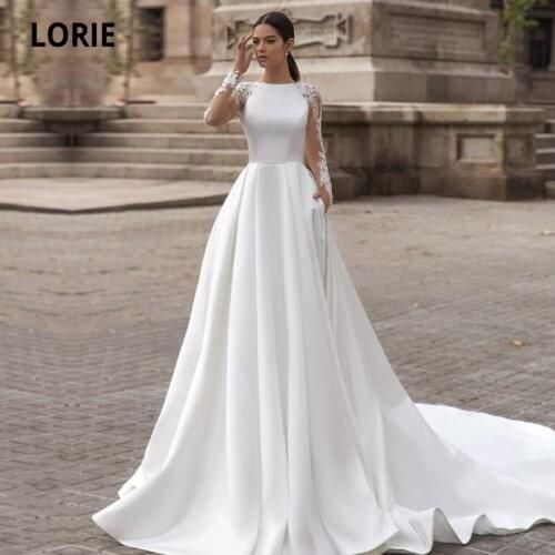 LORIE Satin Wedding Dresses with Pockets Long Sleeves O-Neck Appliques Lace Long Train Button Back Bridal Gown vestidos de novia