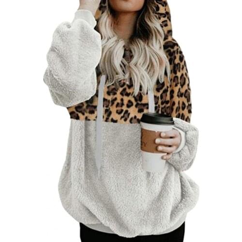 Casual Loose Plush Leopard Patchwork Hoodies Women Zipper Tops Long Sleeve Drawstring Hooded Warm Sweatshirt With Pockets Autumn