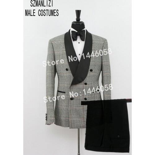 SZMANLIZI Men Wedding Suits 2019 Coat Pants Designs Double Breasted Plaid Tuxedo Groom Wedding Party Suits For Men Groomsmen