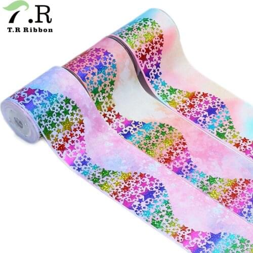 T.R RIBBON 75mm galaxy ribbon rainbow foil star wave printed grosgrain ribbon for ribbon bows
