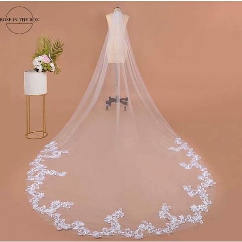 Voile Mariage 3m One Layer Wedding Veil With Comb White Lace Edge Bridal Veils Ivory Appliqued Cathedral Wedding Veil
