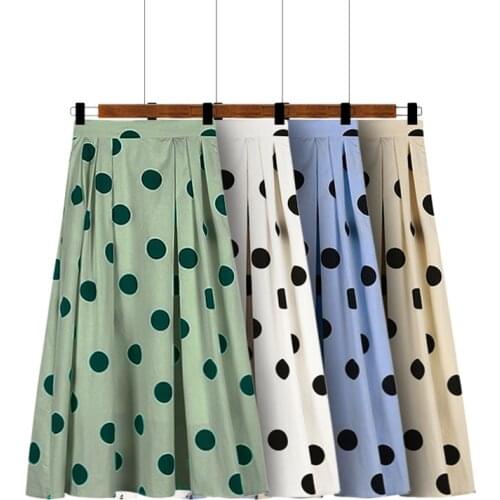 High Waist Vintage Polka Dot A-Line Skirt Women 2021 New Spring Summer White Fashion Korean Chic Retro Long Pleated Skirt Female