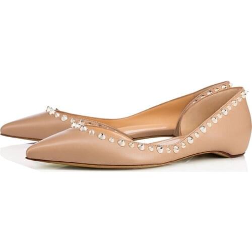 2021 Summer Womens Shoes Fashion Flats Single Shoes Shallow Pointed Toe Rivets Shoes Sexy Sandals Beige Sandalias Femininas