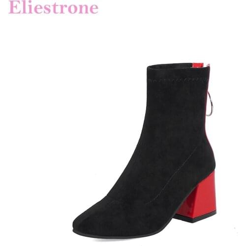 Sale Brand New Winter Fashion Black Yellow Women Mid Calf Boots Lady Shoes High Square Heels AH9 Plus Big Small Size 10 32 43 48