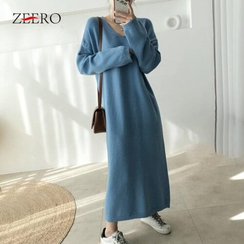 2020 Fall Women Long Sleeve V Neck Loose Sweater Dress Elegant Winter Female Vintage Casual Black Oversized Maxi Knitted Dresses