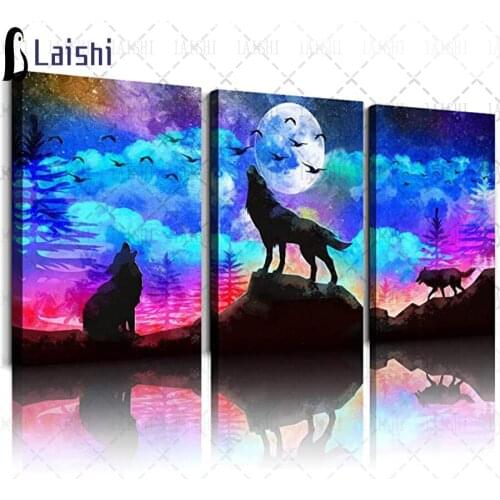 3pcs diamond painting Blue starry landscape painting wolf animal craft square drill full diamond embroidery mosaic decoration