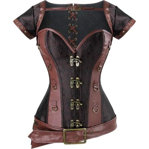 4 pcs Women Plus Size Steampunk Overbust Corset Retro Gothic Steel Boned Brocade Leather Shrug Belted Heavy Corsets and Bustiers