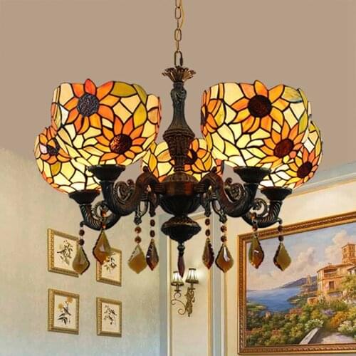 American Pastoral Creative Tiffany Colored Glass Taiyanghua Vintage Bar Living Room Dining Room 5 Crystal Chandelier