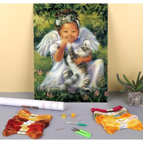 Angel Girl Boy Flowers Printed Fabric 11CT Cross-Stitch Embroidery Kit DMC Threads Handicraft Sewing Craft Knitting Gift Floss