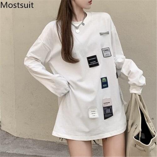 Badages Patchwork Women T Shirt Tops Full Sleeve O-neck Solid Loose Long Tees Casual Fashion Female Pullover T-shirts Femme 2021