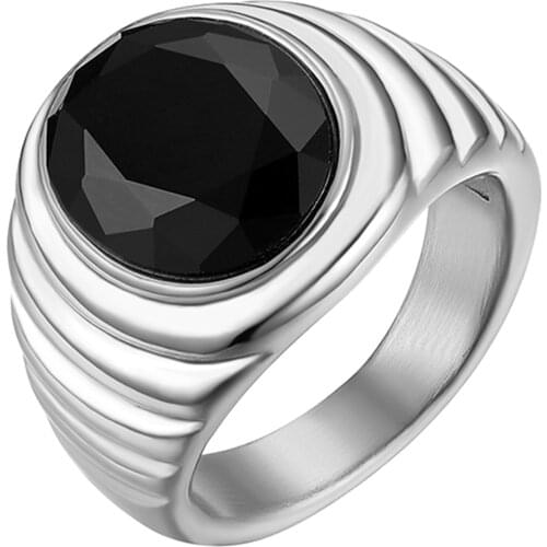 BONISKISS Classic Black Crystal Stone Stainless Steel MenS Ring Silver Color Gift Wedding Anniversary Gift