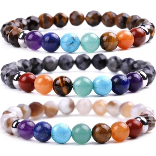 Fashion 7 Chakra Bracelet Natural Faceted Stone Bead Brown Stripe Onyx Black Spectrolite Tiger Eye Bracelets Women Men Jewelry