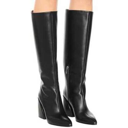 Black Leather Crystal Block Heel Boots Knee High Almond Toe Street Style Fashion Dress Outfit Boots Winter Spring Shoes Ladies
