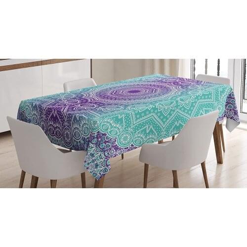 Purple and Turquoise Hippie Ombre Mandala Inner Peace and Meditation with Ornamental Art Dining Room Table Cover