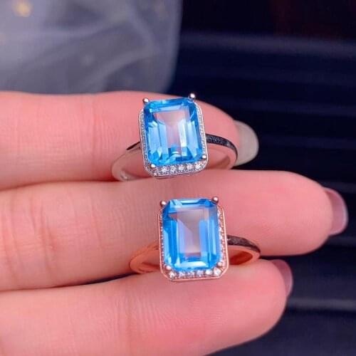 Natural Blue Topaz Solitaire Ring for Women, Emerald Cut, 925 Sterling Silver, 6*8mm Gemstone with Velvet Box Certificate FJ1544