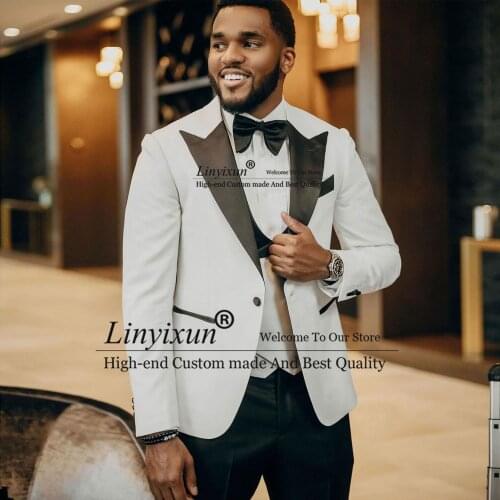 Handsome White Mens Suits Blazer Slim Fit Male Prom 3 Piece Sets Wedding Groom Wear Tuxedo Costume Homme (Jacket+Vest+Pants)