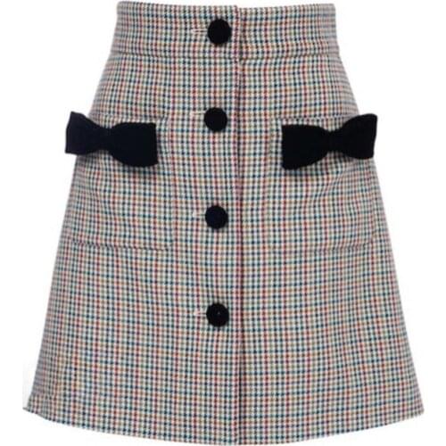 Cute Women Woolen 2021 Autumn Winter High Waist SIngle Breasted Bows Plaid Mini A line Skirt Female
