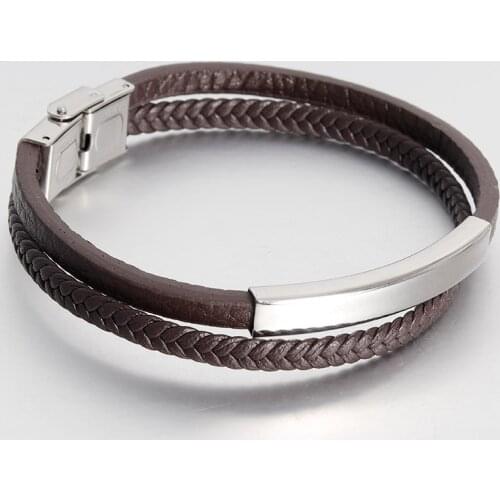 Fashion Brown Leather Braid Bracelet Punk Stainless Steel Buckle Double Layer Bangle for Men Jewelry Black Rope Chain Vintage