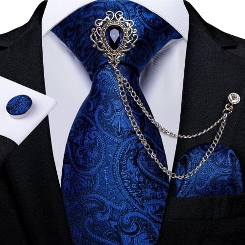 Royal Blue Mens Paisley Silk Ties Pocket Square Cufflinks Luxruy Brooch Business Wedding Necktie Gift Set For Men DiBanGu