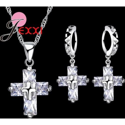 925 Sterling Silver Jewelry Sets Cross Shape Pendant Necklace And 1 pair Hoop Drop Earrings Anniversary Gift