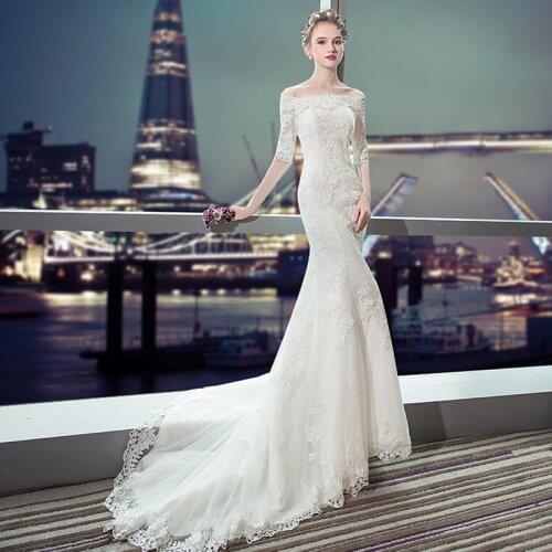 New Wedding Dresses Mermaid Bride Dress 2021 Sweep Train Half Sleeves Appliques Boat Neck Elegant Plus Sizes Vestido De Noiva