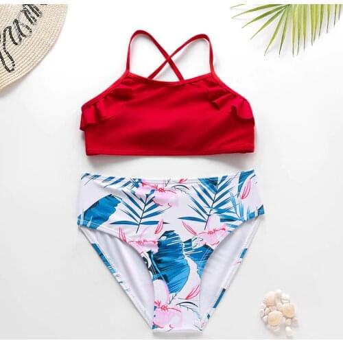 6-14 Years Teenage Girls Bikini Set Kids Leaf-printed Girl Swimsuit Cross Back 2 Piece Childrens Swimwear Girl Bathing Suit
