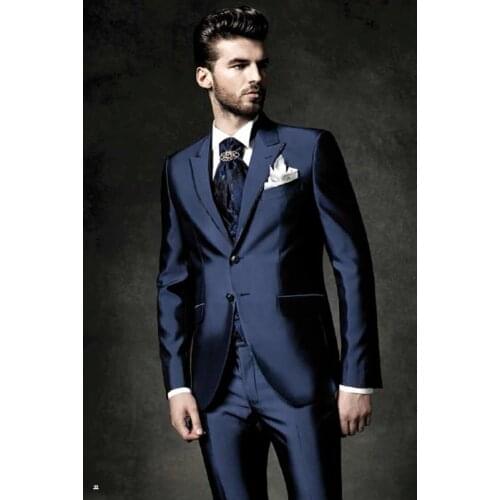 Custom Made Groom Tuxedo Navy Blue Groomsmen Peak Lapel Wedding/Dinner Suits Best Man Bridegroom (Jacket+Pants+Tie+Vest) B449
