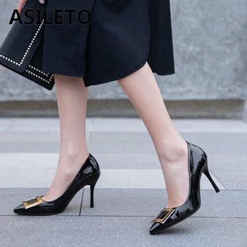 ASILETO New 2021 Ladies Pumps Pointed Toe 9cm Thin High Heels Patent Leather Consice Soft Big Size 45 Summer Casual A3550