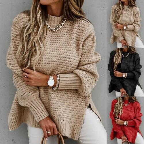2021 New Fashion Women Autumn Winter Mock Neck Side Split Hem Long Puff Sleeve Sweater Pullover