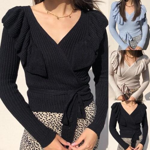 Autumn Winter Women V Neck Long Sleeve Ruffles Knitted Sweater Bandage Pullover