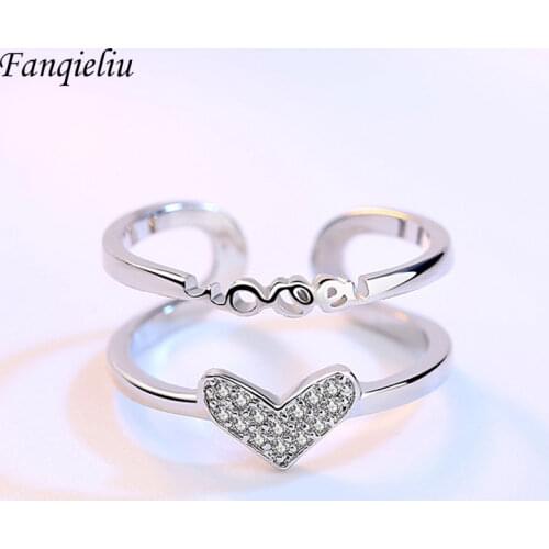 Fanqieliu Double Layer Opening Cuff Rings Charming Heart Crystal Real 925 Sterling Silver Ring For Women Wedding Bands FQL20436