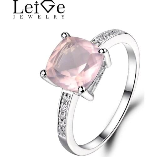 Leige Jewelry Natural Pink Quartz Ring Cushion Cut Wedding Engagement Rings for Women Sterling Silver 925 Pink Gemstone Jewelry