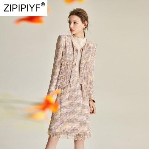 2020 Spring New Fashion Women Elegant Tassel Dress Bow Tie Collar Long Sleeve Short Coat And A-Line Knee-Length Slim Dress Y82