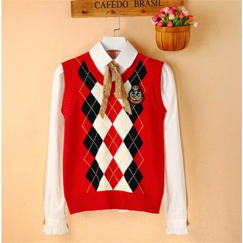 2019 Spring and Autumn girls student clothes rhombus fashion comfortable ladies sweater vest V neck knitted vest B449