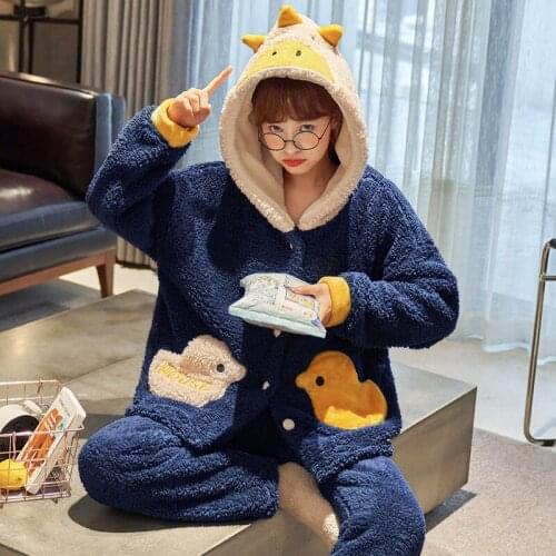 Mink Wool Winter Pajamas Hooded Loose Version Plush Pajama Set Women Sleepwear Medium Style Sherpa Nightgown Coral Fleece